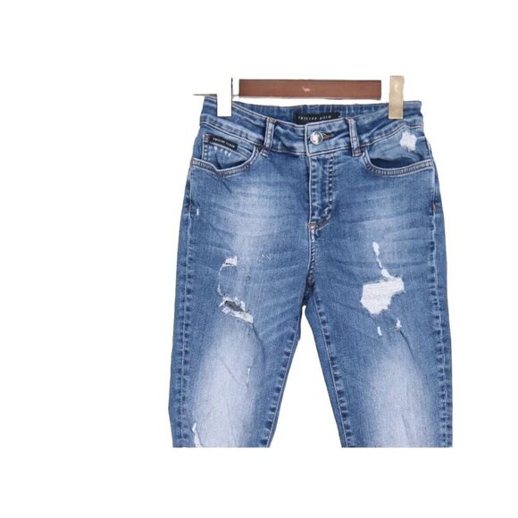 Philipp Plein Women's 25 Blue Mid Rise Distressed Slim Fit Jeans Denim Stretch - Picture 2 of 9